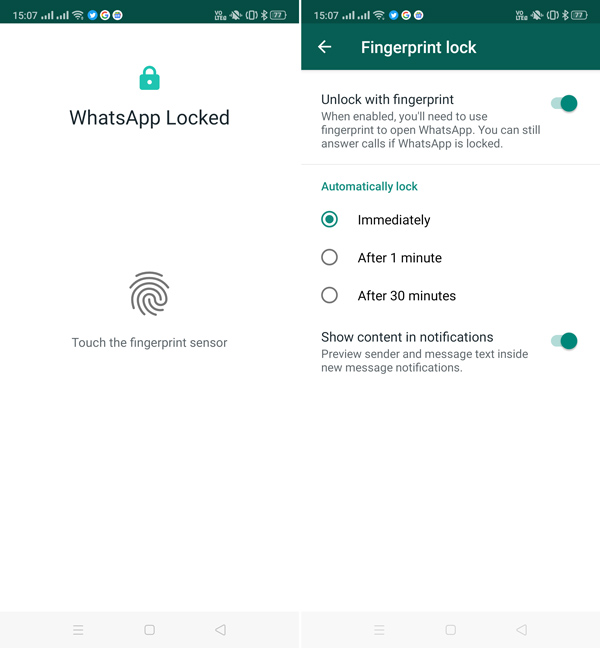 Lock WhatsApp account with touch or face id